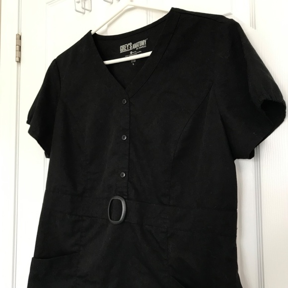 Grey's Anatomy Scrub Top Black L Front Pockets Half Button Waist Accent - Picture 5 of 16